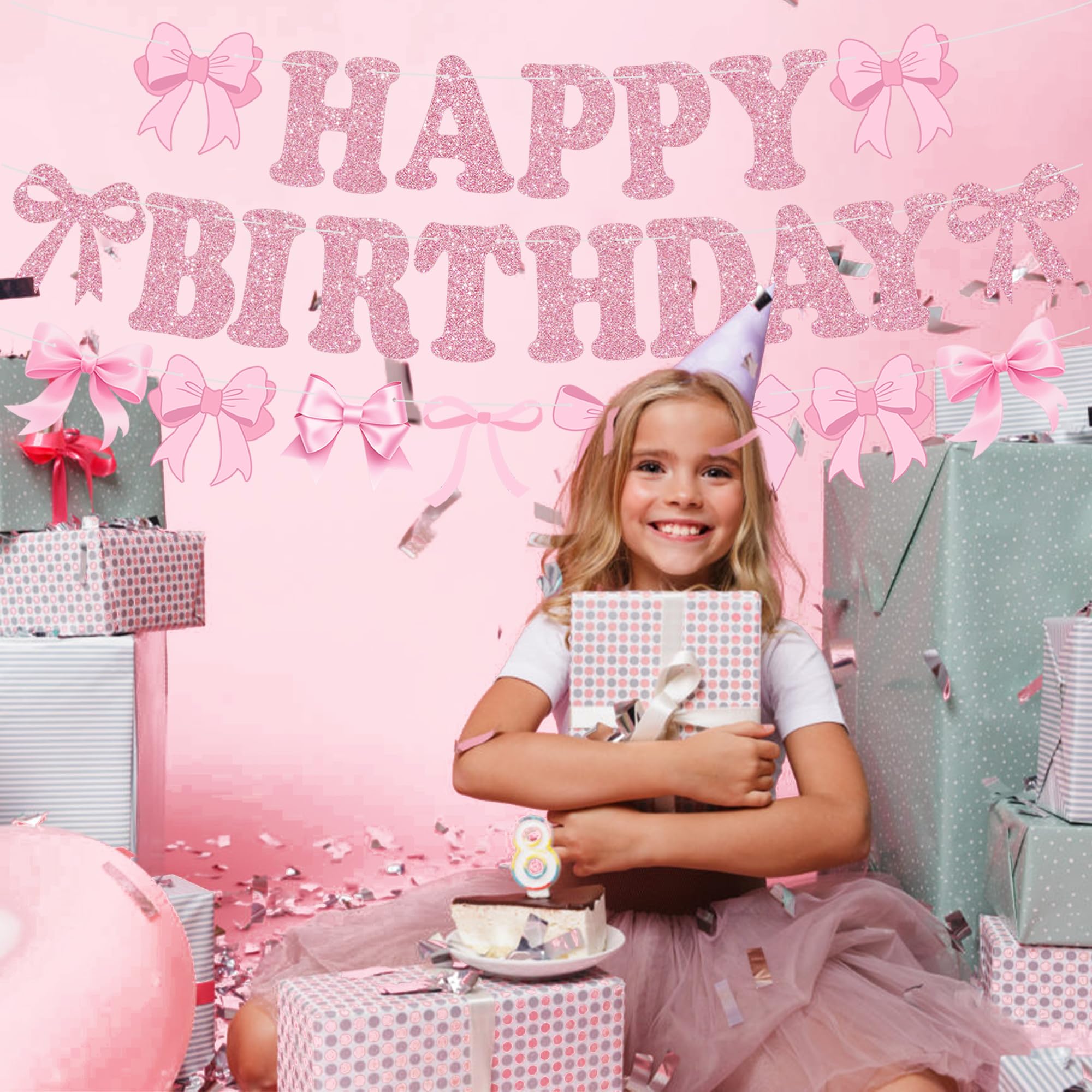 RICHHHA Glitter Pink Bow Happy Birthday Banner Pre-Strung Coquette Birthday Decorations Bow Theme Party Backdrop Sign Garland Pink Bow Party Supplies Decorations for Women Girls,NO-DIY