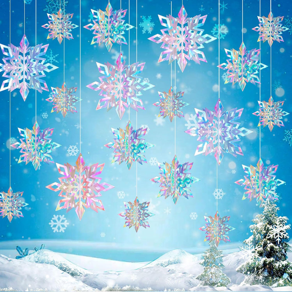 Skiennix 15PCS Christmas Hanging Snowflakes - 3D Iridescent Paper Ornaments for Winter Wonderland Decor
