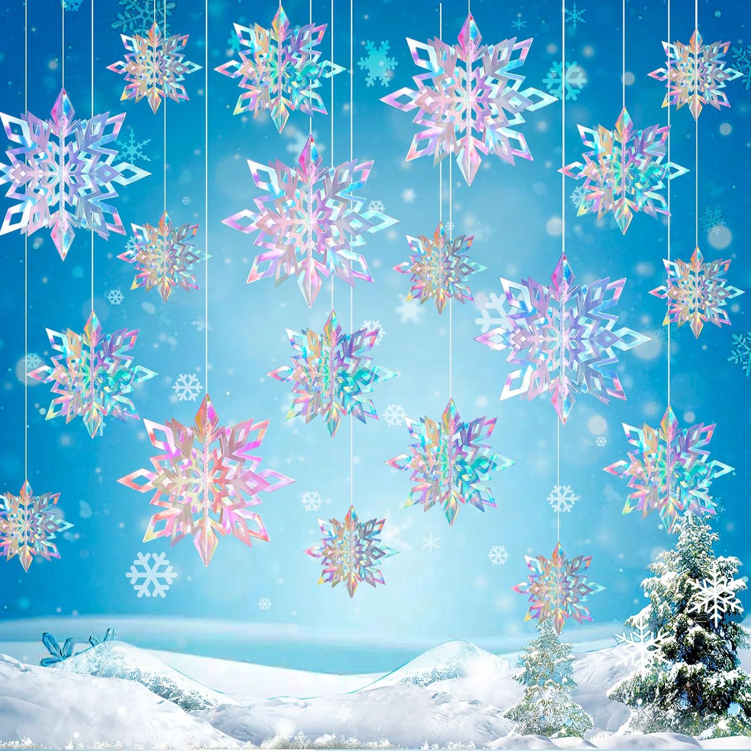 Skiennix 15PCS Christmas Hanging Snowflakes - 3D Iridescent Paper Ornaments for Winter Wonderland Decor