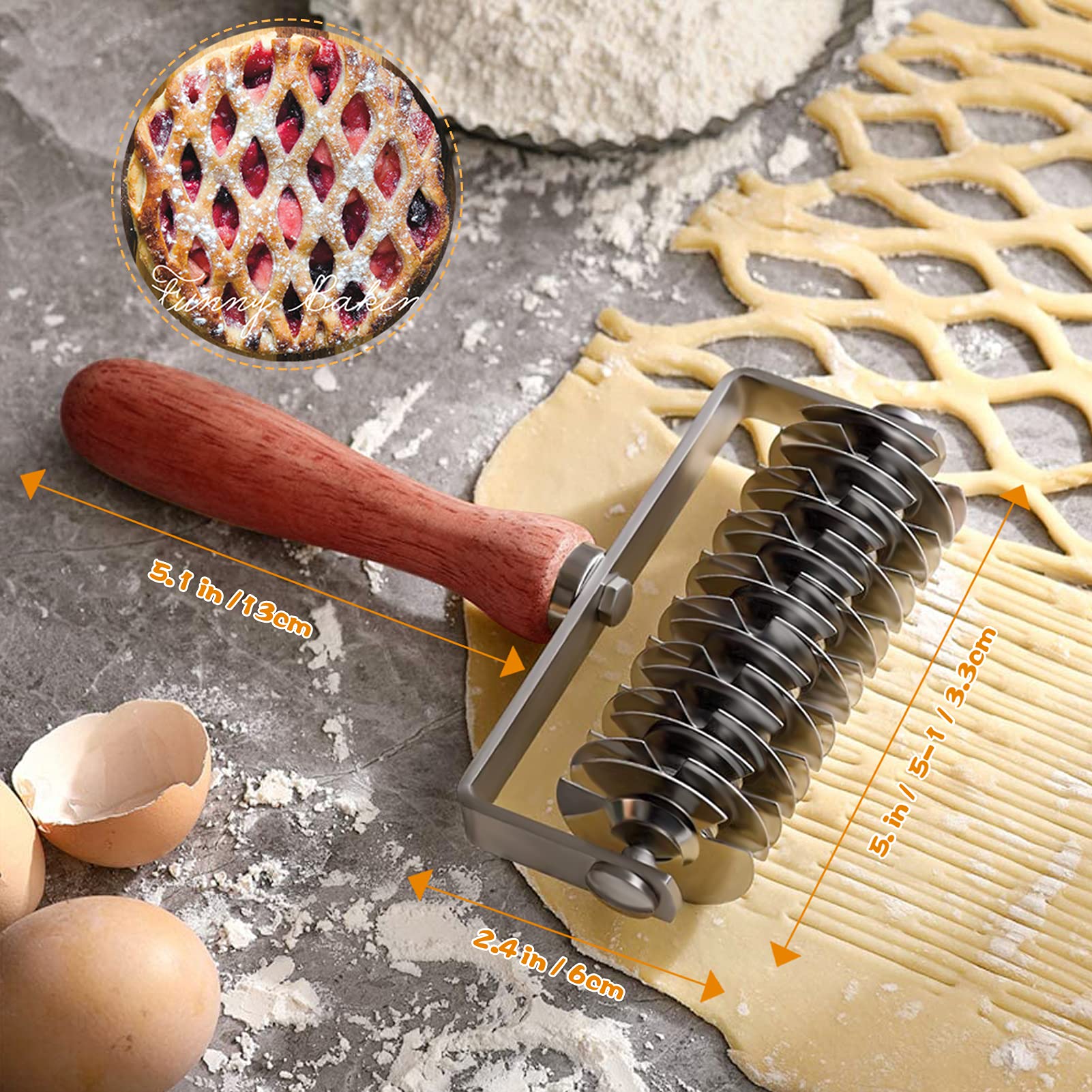 Stainless Steel Lattice Dough Cutter with Wood Handle, Pie & Pizza Pastry Roller maker, Bread Biscuit Maker
