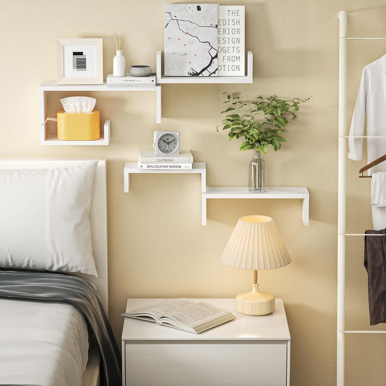 SRIWATANA Floating Wall Shelves - Set of 5 Wood Shelves for Home Decor | Versatile for Bathroom, Bedroom, Kitchen, Office - Washed White
