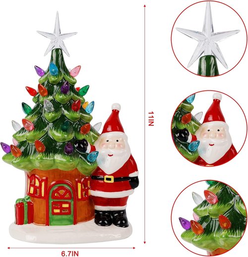 Juegoal Lighted Ceramic Christmas Tree - 11" Pre-Lit Tabletop Decorations with Santa & Multicolor Bulbs
