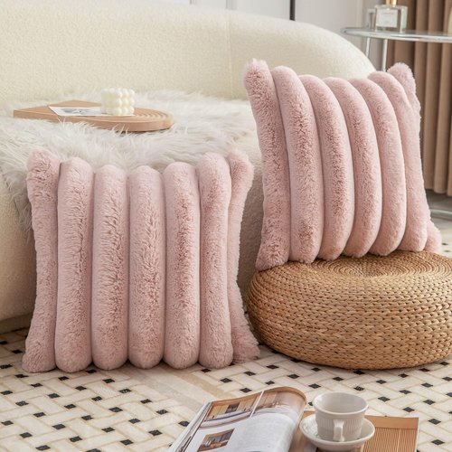 Neelvin Pink Faux Fur Throw Pillow Covers - Cozy Striped Velvet Cushion Cases | 18x18 Inch Set of 2