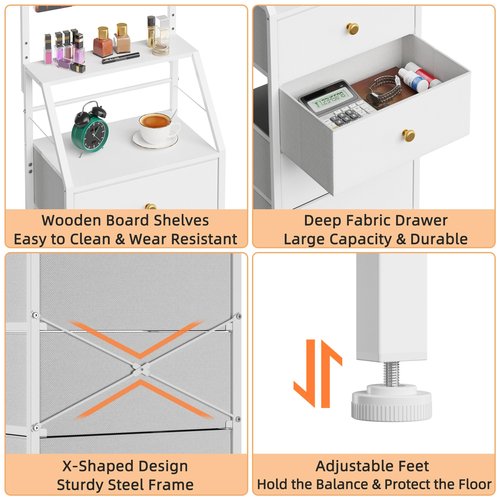 HIGDBFE 4-Drawer Dresser with Mirror, Fabric Storage with 2-Tier Shelves, Freestanding Chest Organizer Unit, Tall Chest of Drawers with Steel Frame Wood Top for Bedroom, Hallway, White, 15.3" W