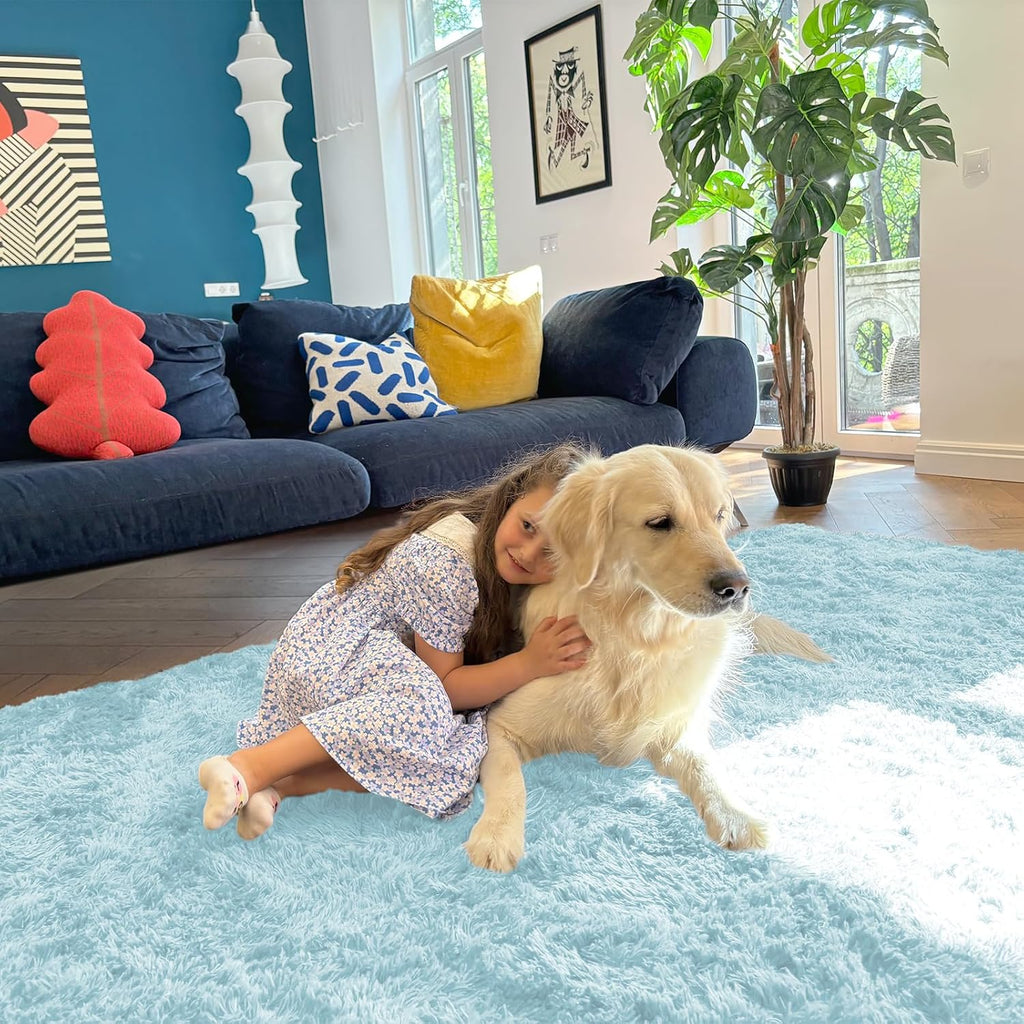 OLANLY Large Area Rug - Soft Fluffy Machine Washable Shaggy Carpet for Living Room & Bedroom | Light Blue