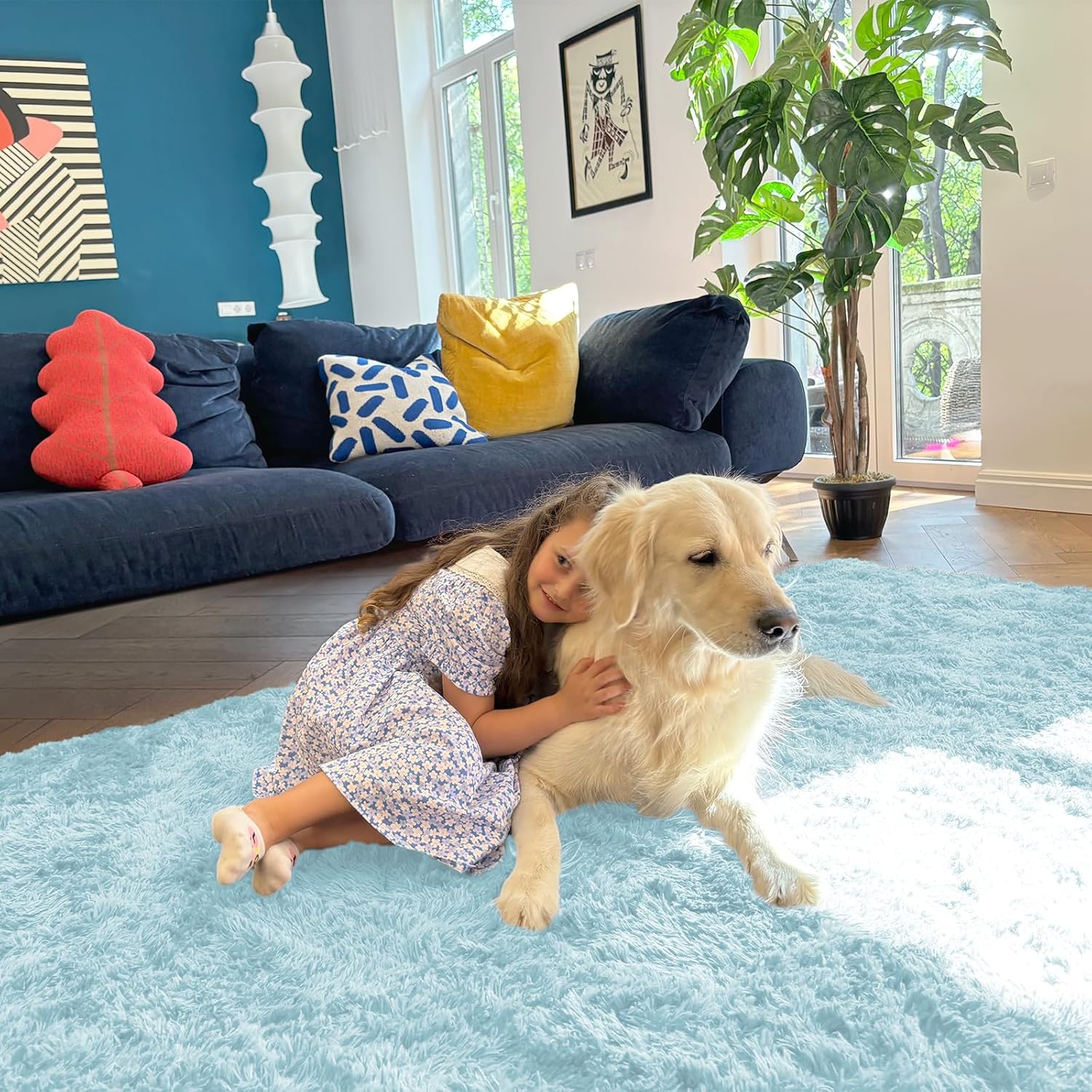 OLANLY Large Area Rug - Soft Fluffy Machine Washable Shaggy Carpet for Living Room & Bedroom | Light Blue