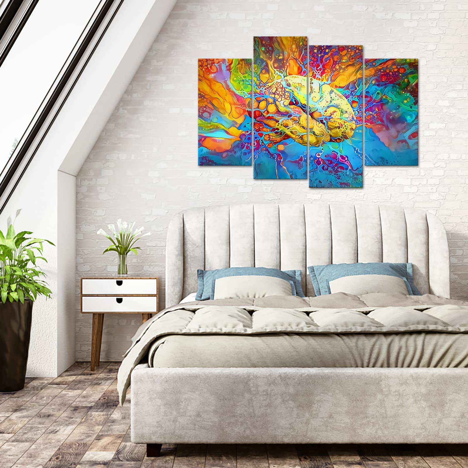 Large 4 Panel Psychedelic Brain Canvas Prints Inspirational Wall Art Left & Right Brain in Vivid Colors Pictures Science Poster Framed Canvas Print Artwork Office48x33inch