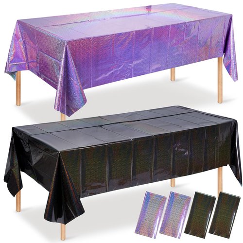 4 Pack Iridescent Black and Purple Plastic Tablecloth 54x108 Inch, Holographic Laser Disposable Table Cover, Rectangle Black and Purple Table Cloth for Halloween Holiday Birthday Party Decorations