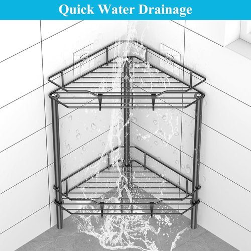 HuggieGems Corner Shower Caddy Organizer - 2 Tier Floor Standing Shelf with Hooks, Matte Black Finish