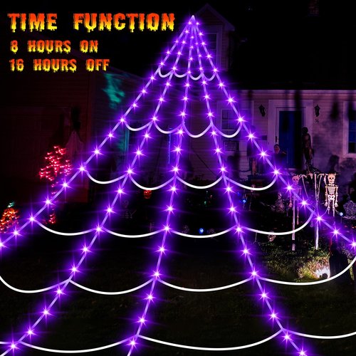 Halloween Decorations Outdoor Spider Web Lights,16.4Ft 220 LED Lighted Spider Web Light up with 8 Modes Waterproof Timer for Yard House Halloween Outdoor Decor Purple Spiderweb