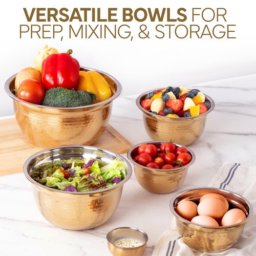 COOK WITH COLOR 18 Piece Mixing Bowls Set with Airtight Lids, Handcrafted Stainless Steel Bowls, Food Storage Containers, Meal Prep, Nesting Salad Bowls For Cooking, Baking, Kitchen, Gold- Hammered