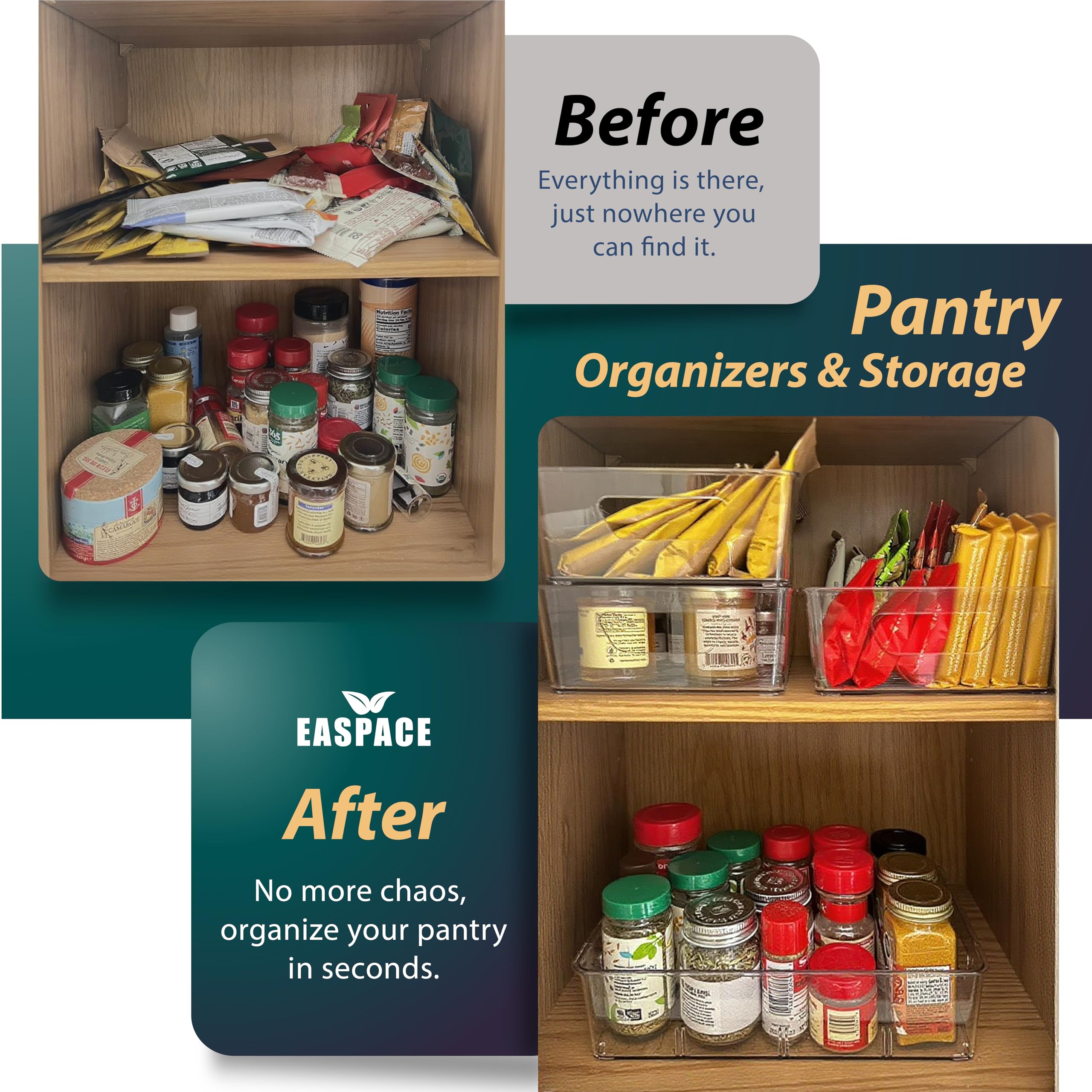 EASPACE 4-Pack Pantry Organizer Bins – Clear Storage Containers for Pantry, Kitchen, Fridge, Cabinet, or Shelf – Perfect for Snacks, Food, Drinks & Multi Purpose