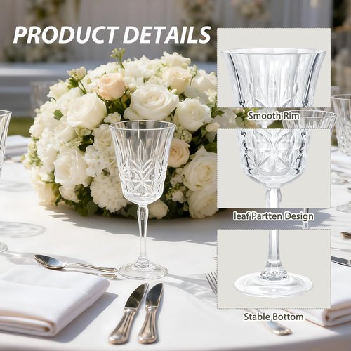 LEYIQU Plastic Wine Glasses 10oz Vintage Goblets Unbreakable Reusable BPA-Free Stemmed Drinking Glasses for Easter Parties, Weddings & Events Leaf-Patterned (Set of 24, Clear)