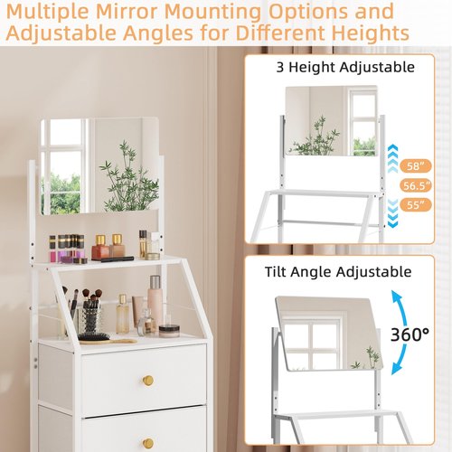 HIGDBFE 4-Drawer Dresser with Mirror, Fabric Storage with 2-Tier Shelves, Freestanding Chest Organizer Unit, Tall Chest of Drawers with Steel Frame Wood Top for Bedroom, Hallway, White, 15.3" W