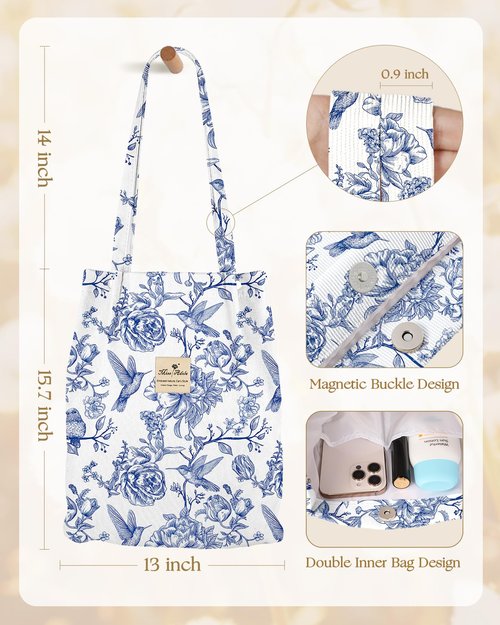 Miss Adola Corduroy Tote Bag for Women - Reusable Totes with Inner Pocket & Buckle Cute Aesthetic Design Cloth Shopping Grocery Shoulder Bag for Work Travel, Line Style Bird
