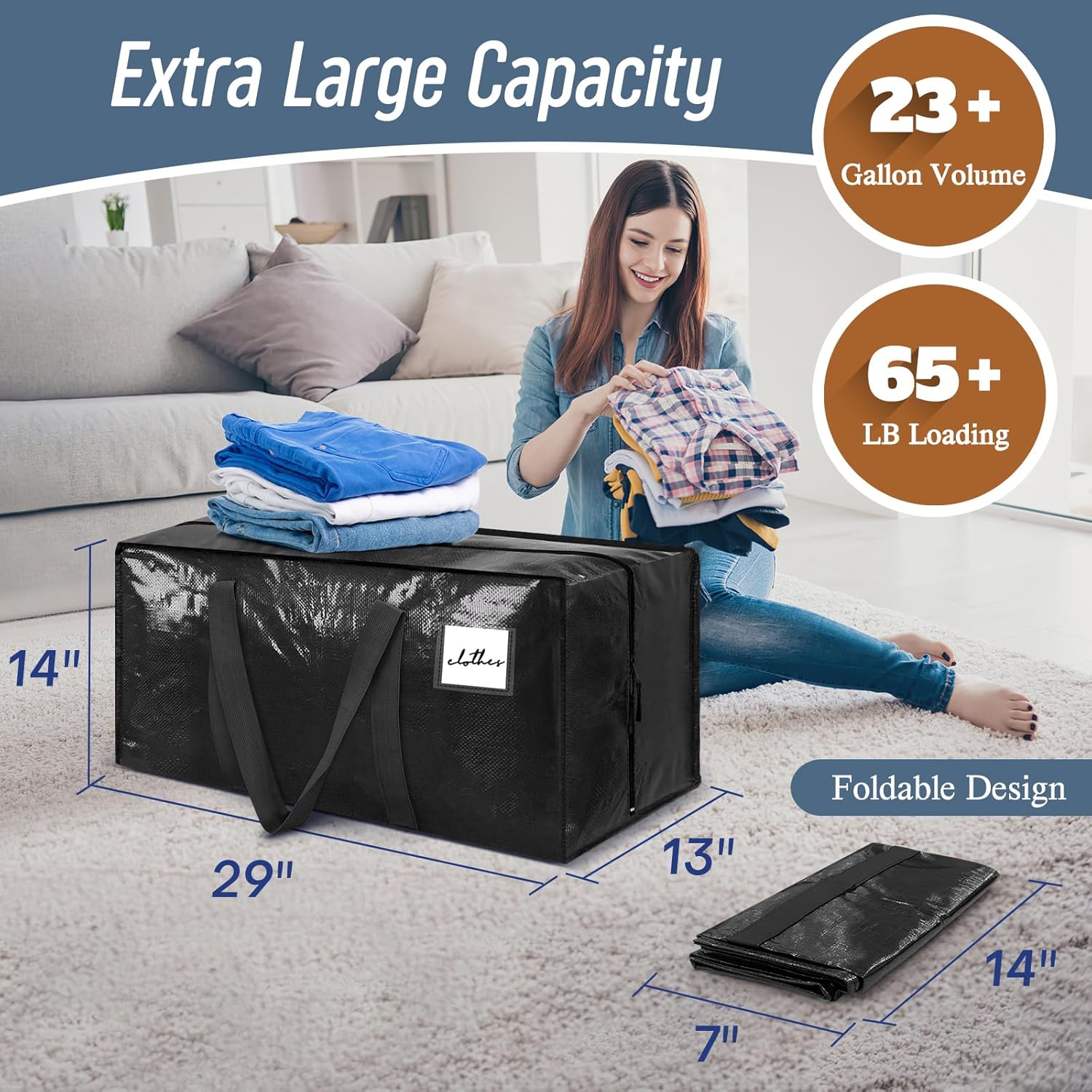Skiennix Extra Heavy Duty Large Moving Bags - Strong Zipper & Comfortable Handles | 6 Pack, Black
