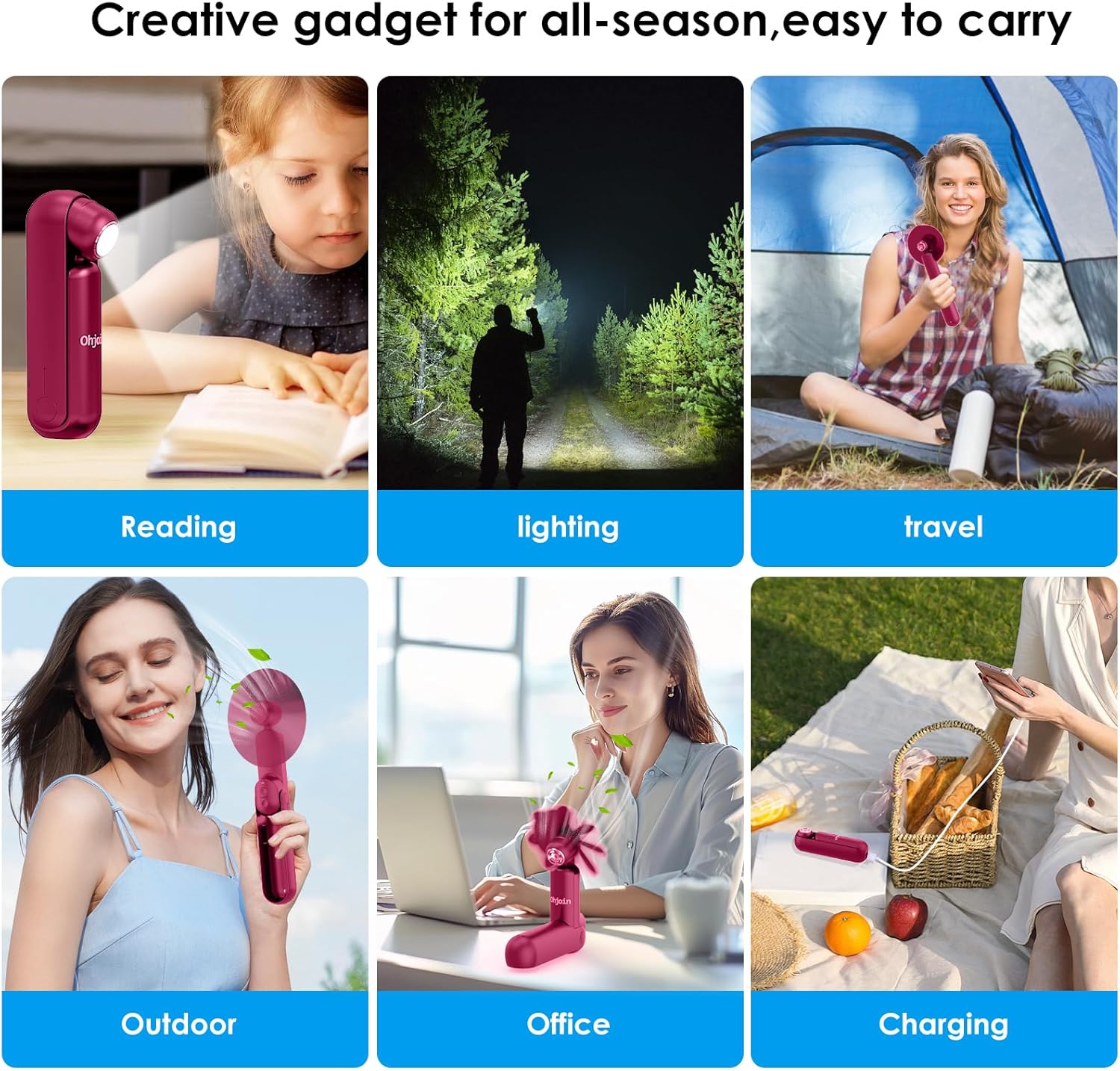 Skiennix 4-in-1 Portable Mini Handheld Fan - USB Rechargeable, Foldable Pocket Design, Ideal for Summer Concerts & Gifts (Red)