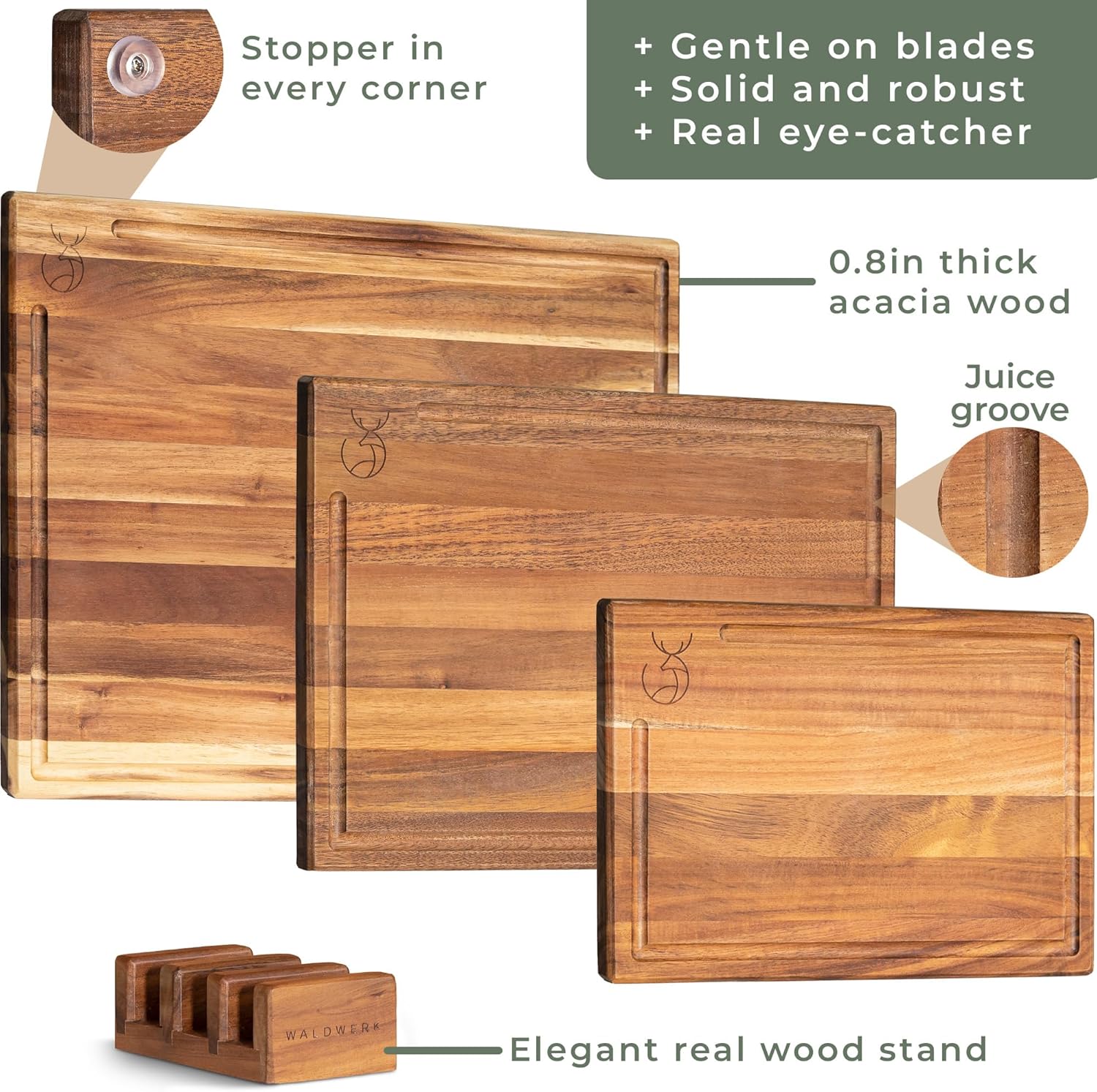 WALDWERK Acacia Wood Cutting Board Set - Durable 0.8" Thick Kitchen Boards | 15.75 x 12/13 x 9.5/10 x 7 in