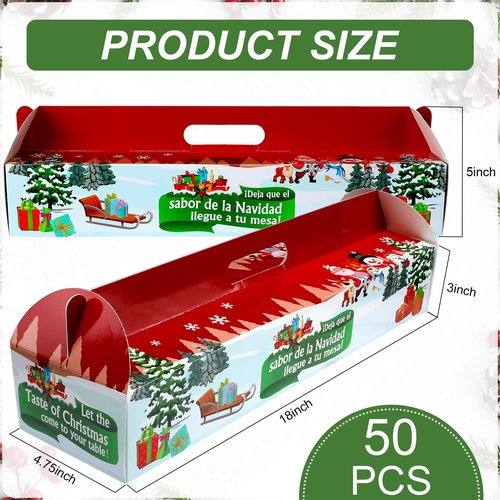 Cholemy 50 Pcs Christmas Ham Bread Boxes Containers 18" x 4.75" x 3" Paperboard Baking Bakery Box Bags for Homemade Bread Holiday Packaging Gift Giving with Handle (Non Window)