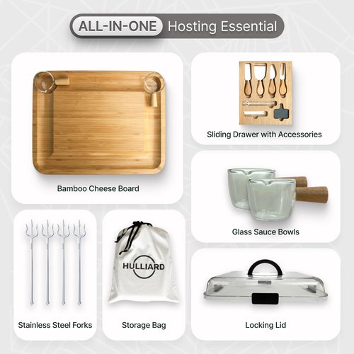 HULLIARD Charcuterie Board Set with Handless Lid – Bamboo Cheese Board with Sliding Drawer, 4 Stainless Steel Cheese Knives, 4 Forks, 2 Glass Bowls, Gift Bag – Perfect for Gift