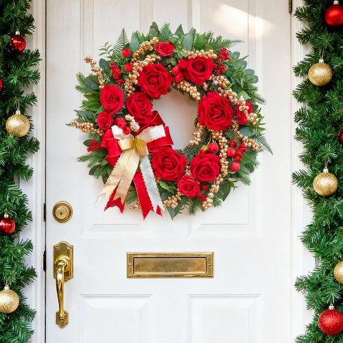 Pinkpuii Pre-lit Christmas Wreaths for Front Door 24 Inch- Outdoor Xmas Wreath with Lights, Lighted Valentine's Day Wreath with Red Roses,Golden Ball Ornament and Red Bow for Holiday Door Decorations
