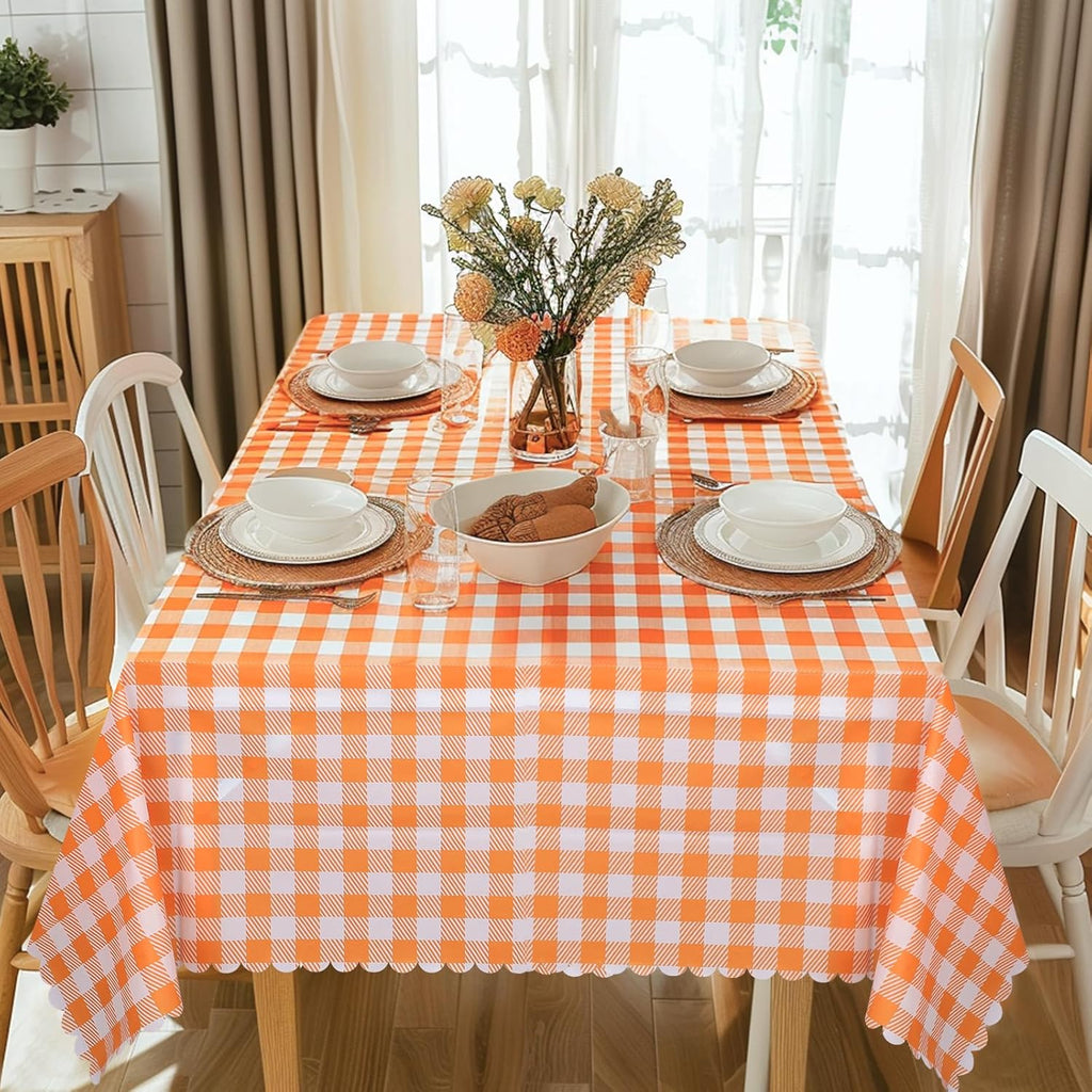 Skiennix Orange Gingham Tablecloth - 54" x 108" Waterproof Disposable Checkered Cover for Parties & Events