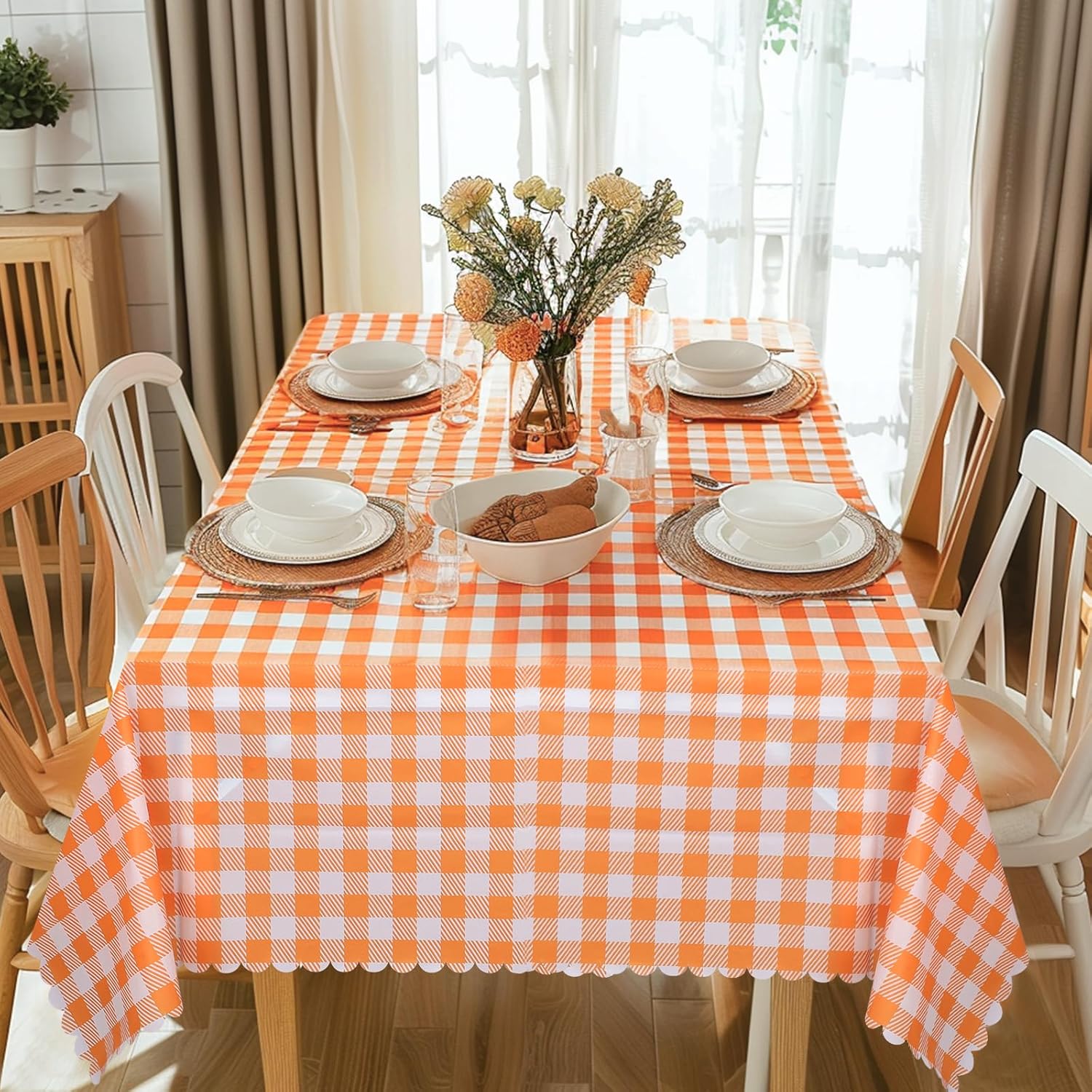 Skiennix Orange Gingham Tablecloth - 54" x 108" Waterproof Disposable Checkered Cover for Parties & Events