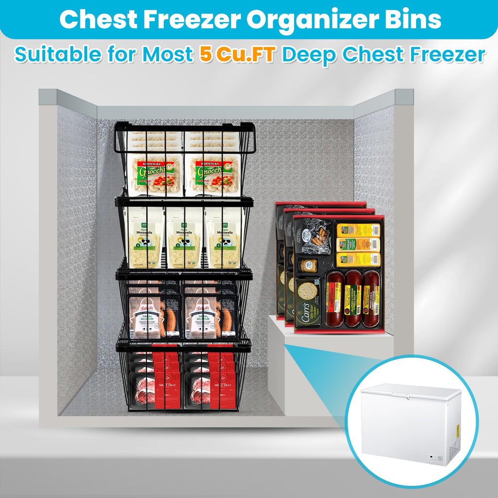 Pateekate Freezer Organizer Bins, 3 Pack Stackable Chest Freezer Organizer Bins for 5 Cu Ft Deep Freezer, Chest Freezer Sort Frozen Meats, Freezer Storage Containers Deep Freezer Organizer Baskets