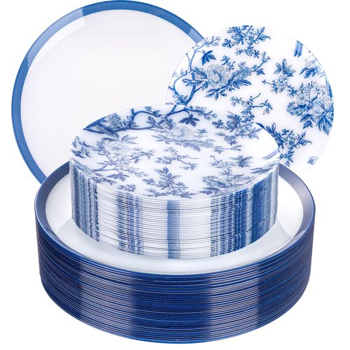EI 60pcs Blue and White Floral Plastic Plates Fancy Blue Floral Disposable Heavy Duty,10.25inch Dinner Plate and 7.5inch Dessert Plate,Disposable Nice Plastic Plates for Party,Wedding(Value,Elegant )