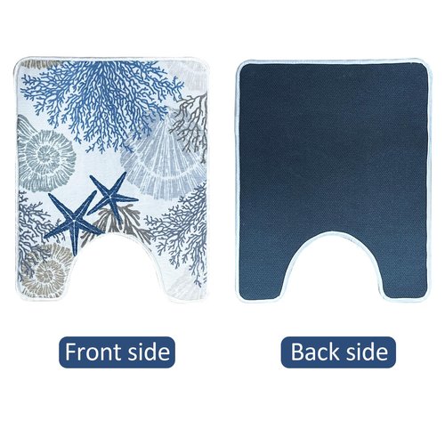 BBSET Blue Coastal U Shaped Toilet Rugs Washable 24"x20", Sea Beach Scalloped Contour Bath Mats for Bathroom Non Slip, Microfiber Absorbent Starfish Bath Mats (Sea)