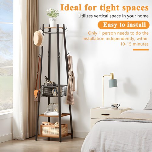 VECELO Coat Rack Freestanding,Hall Tree with Metal Basket and Storage Shelves,Industrial Coat Stand with 8 Hooks for Hanging Coats/Hats/Bags/Umbrellas,18 x 18 x 72 In,Antique Brown