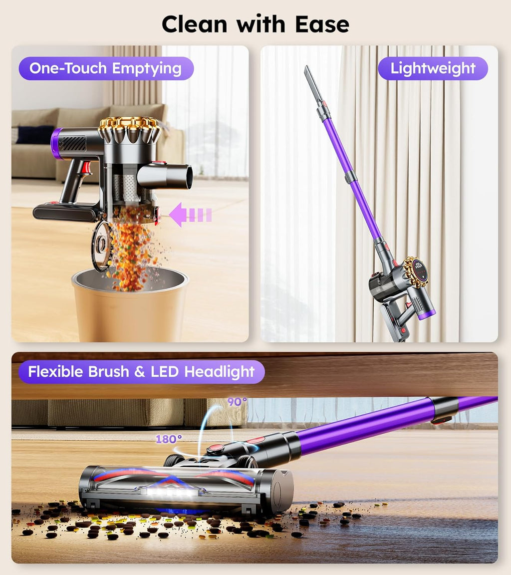 Skiennix Cordless Vacuum Cleaner - Powerful 550W, 45KPA Suction | 60-Minute Runtime, LED Display, 8-in-1 Design for Pet Hair & Hard Floors