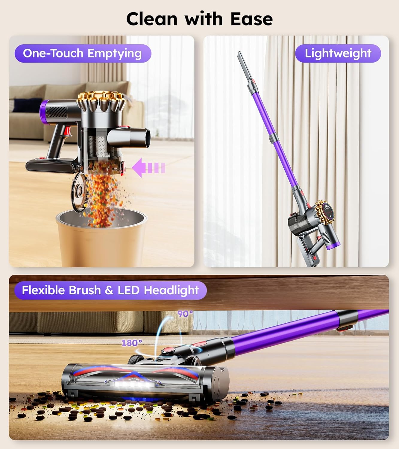 Skiennix Cordless Vacuum Cleaner - Powerful 550W, 45KPA Suction | 60-Minute Runtime, LED Display, 8-in-1 Design for Pet Hair & Hard Floors