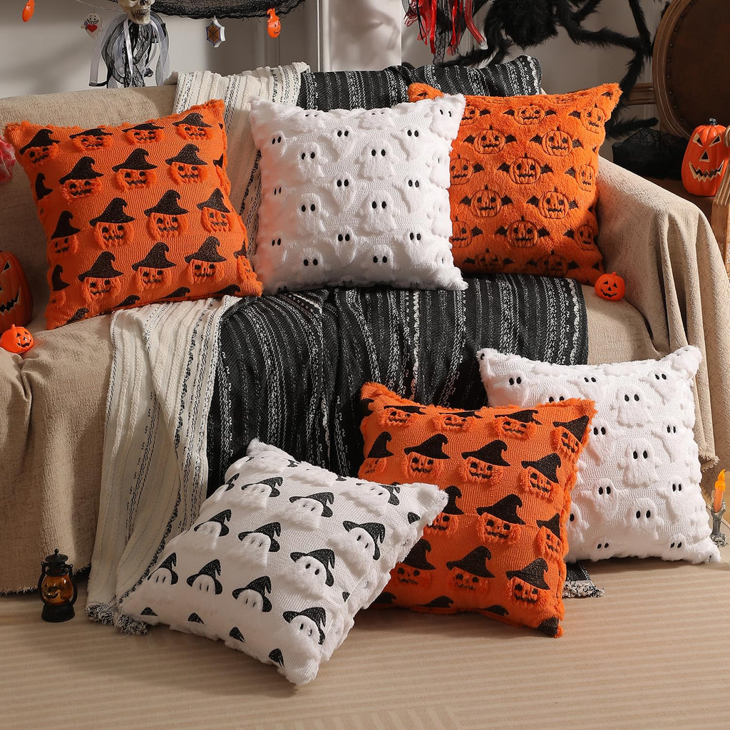 multiwins Halloween Decorations Set of 2 Double-Sided Halloween Pillow Covers 18" x 18", with 2 Different Looks, Cure White Ghost & Ghost with Hat, Plush Faux Fur Throw Pillow Covers for Home Decor