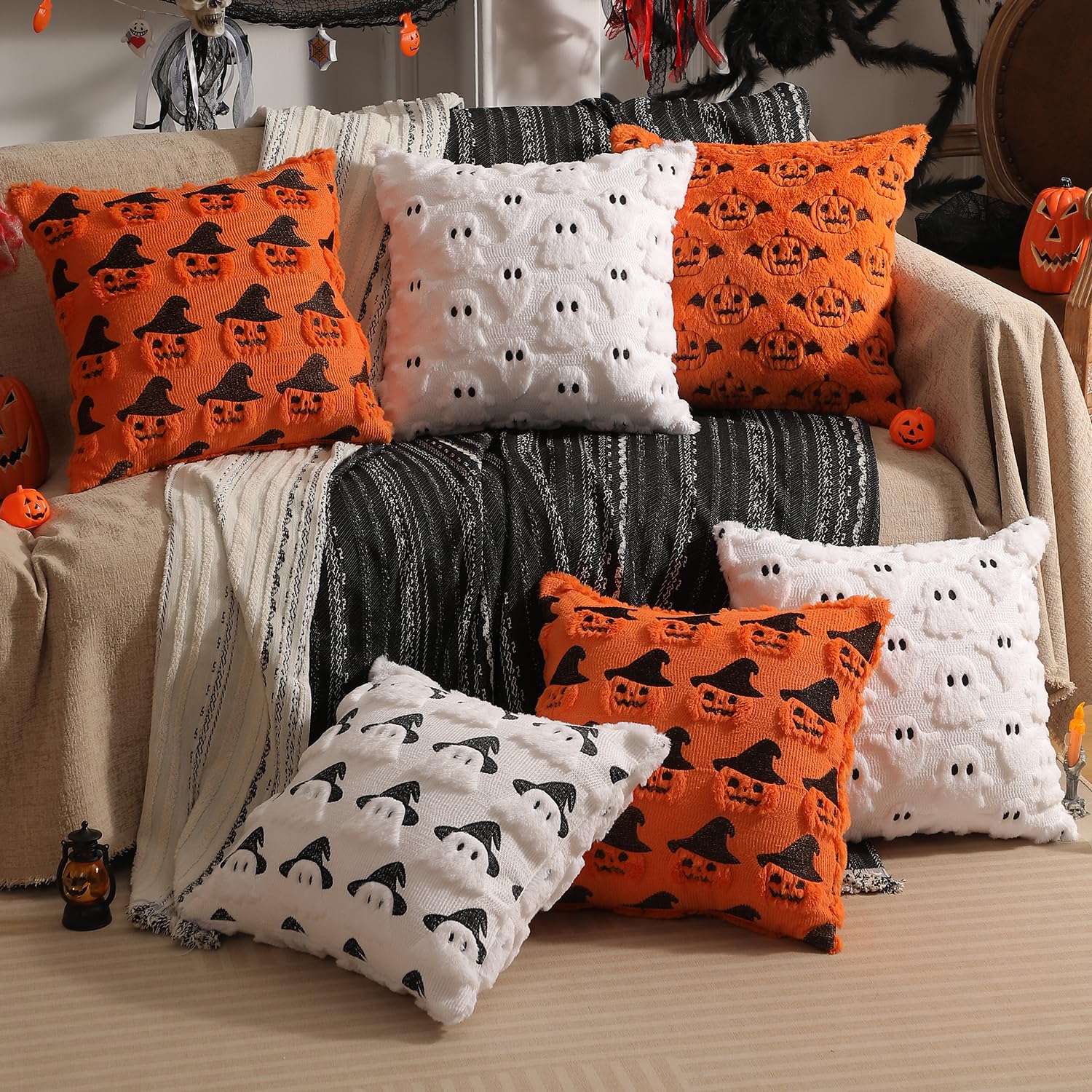 multiwins Halloween Decorations Set of 2 Double-Sided Halloween Pillow Covers 18" x 18", with 2 Different Looks, Cure White Ghost & Ghost with Hat, Plush Faux Fur Throw Pillow Covers for Home Decor