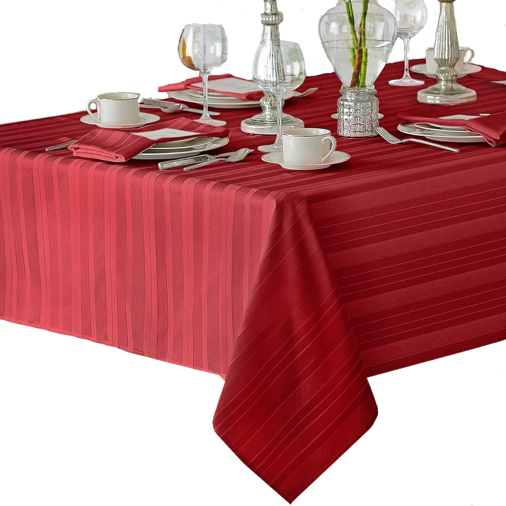 Newbridge Red Satin Stripe Fabric Tablecloth, 60 x 144 Inch Rectangle, Elegant Woven Stripe, Wrinkle Resistant Reusable Polyester Table Cover