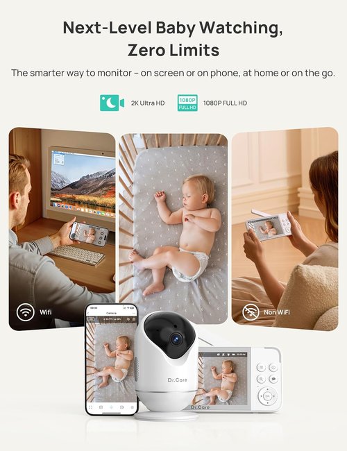 Dr.Care VistaView 5” Smart WiFi Baby Monitor - 2K HD Camera, Night Vision, App Control & 5000mAh Battery