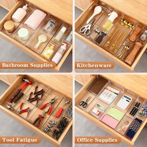 Large Clear Drawer Organizer Bins by Skiennix - 26 PCS Versatile Plastic Trays with Non-Slip Pads for Makeup, Jewelry, and Office Storage