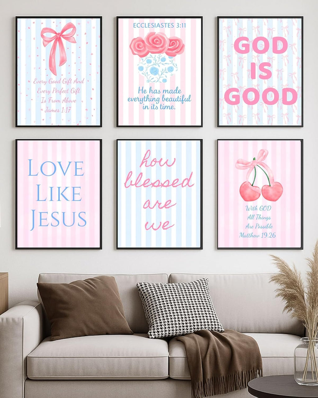 Coquette Bow Wall Art Decor - Inspirational Christian Posters for Teens | Set of 6, 8 x 10 Inch (Unframed)