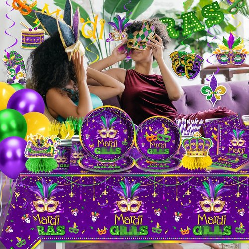 Masquerade Party Decorations-172Pcs Mask Themed Plates and Napkins Green Gold Purple Tableware Set Masquerade Party Supplies