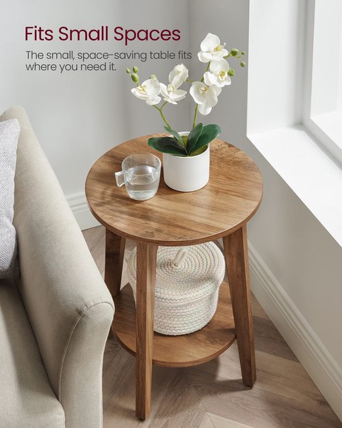 VASAGLE MAEZO Collection - Side Table, 2-Tier Small Round End Table, Nightstand with Tapered Legs, Curved Transitions, for Small Spaces, Living Room, Bedroom, Rustic Walnut ULET283T41