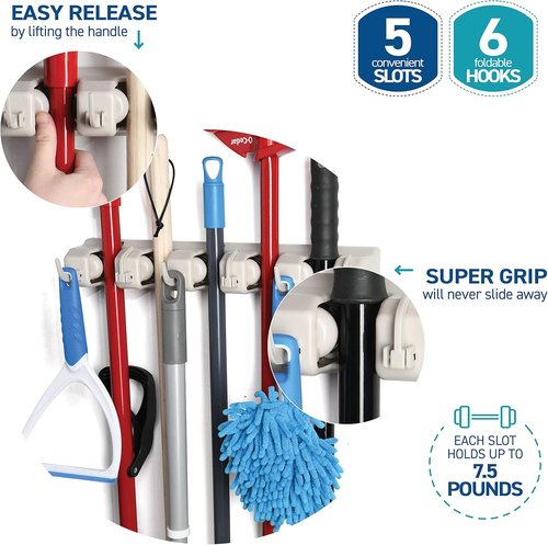HOME IT Mop And Broom Holder Wall Mount - Versatile Garage Storage System with 5 Slots & 6 Hooks - Off-White Garden Tool Organizer for Home & Garage