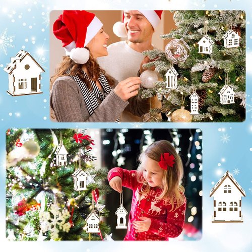 Coume Christmas Wood Ornaments - 9 Pcs Unfinished Rustic White Wooden House Decor for DIY Crafts