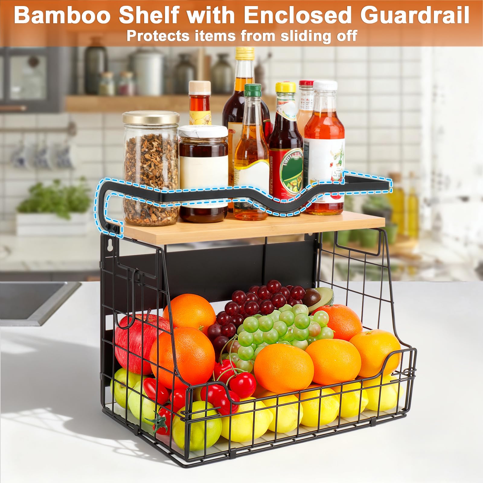 Livabber Magnetic Fridge Organizer Basket with Wood Shelf, Large Fruit Vegetable Storage Bin, Spices Snacks Condiments Rack for Kitchen Pantry, Laundry Room, Office, Magnetic or Wall Mount (Black)