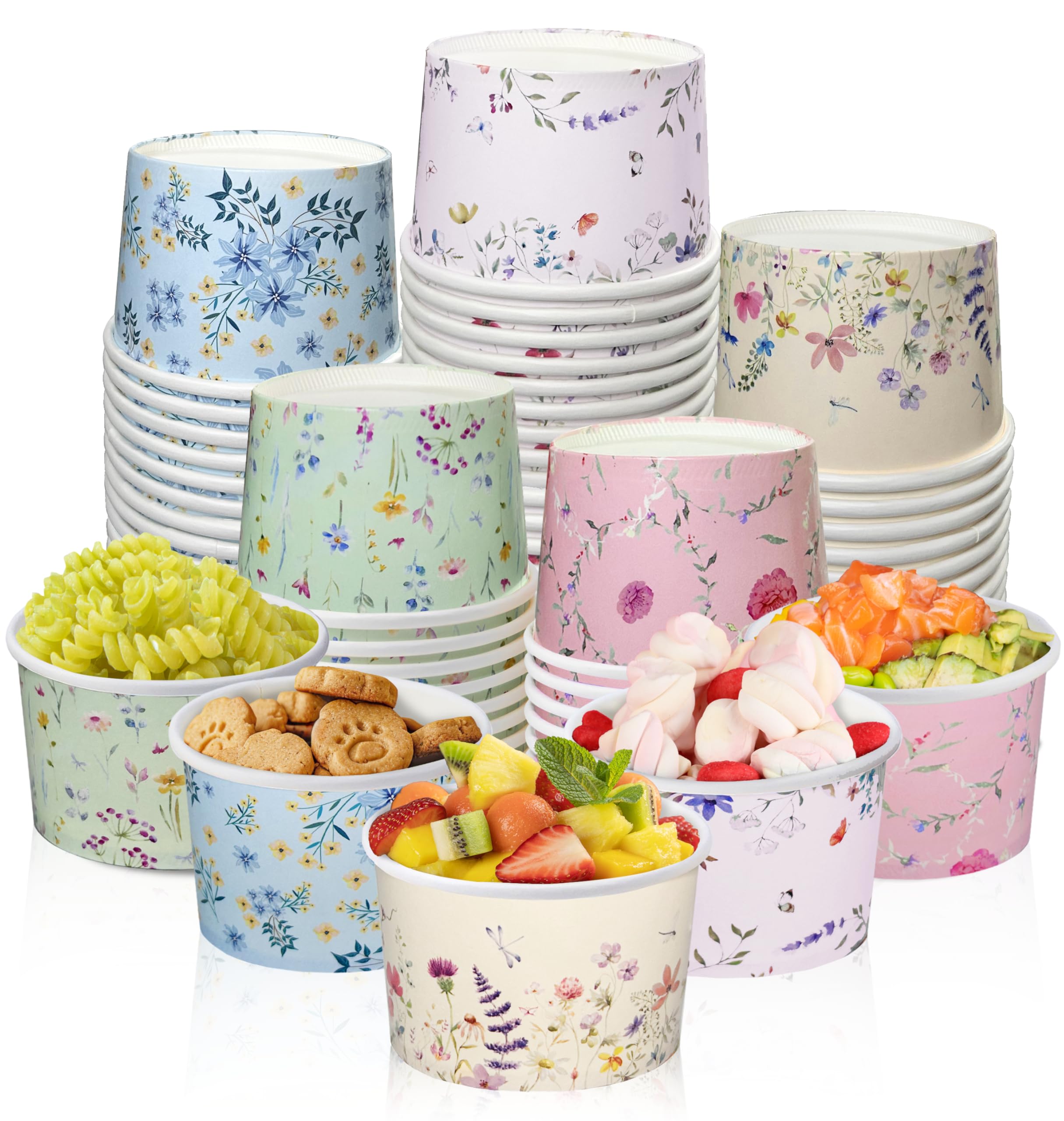 Nihuecne 50 Pcs 9 oz Floral Themed Disposable Dessert Paper Bowls in 5 Designs, Disposable Snack and Soup Bowls for Events, Game Day, Birthday Party Supplies, Perfect for Hot or Cold Food