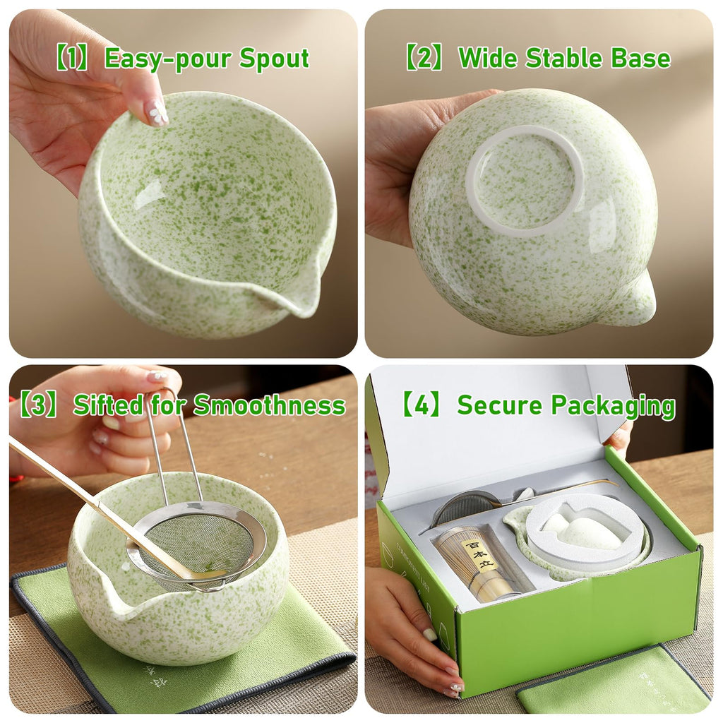 Coolpei Matcha Whisk Set, Ceramic Matcha Bowl with Spout, Bamboo Whisk, Scoop, Holder, Sifter, Tea Towel, 7-Piece Artisan Wave Matcha Kit Set for Making Breakfast/Latte, Round Green, Large
