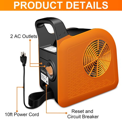 Puligoth Portable Blower Fan for Home: High Velocity Floor Fans for Cooling and Drying - Air Mover with 185° Rotating for Bedroom, Garage, Shop and Gym, 3 Speeds Utility Fan with 2 AC Outlets, Orange