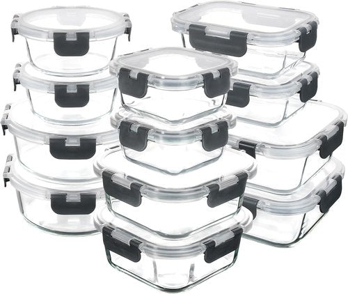C CREST Glass Food Storage Containers Set of 12 - Airtight Locking Lids for Freshness | Multi-Size Meal Prep