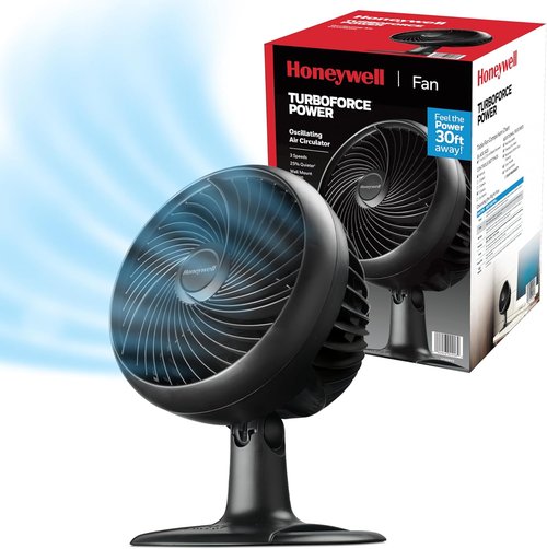 Honeywell Turbo Force Oscillating Table Fan - 3 Speed Air Circulator for Bedroom | Black, HT-906
