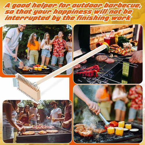 Kritkin 2 Pcs Stainless Steel Grill Brushes, Grill Scraper with 30'' Long Wooden Handle Commercial Oven Charbroiler Cleaning Brush for Outdoor Kitchens BBQ Restaurants